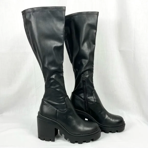 Steve Madden Black Platform Boots Tall Faux Leather Roxanna Lug Sole New - Picture 2 of 8